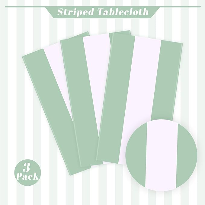 Kesfey 3 Packs Sage Green and White Horizontal Striped Table Cloth 54 x 108 Inches Sage Green Stripe Tablecloths Disposable Plastic Stripe Table Covers Waterproof Picnic Tablecover for Birthday Party
