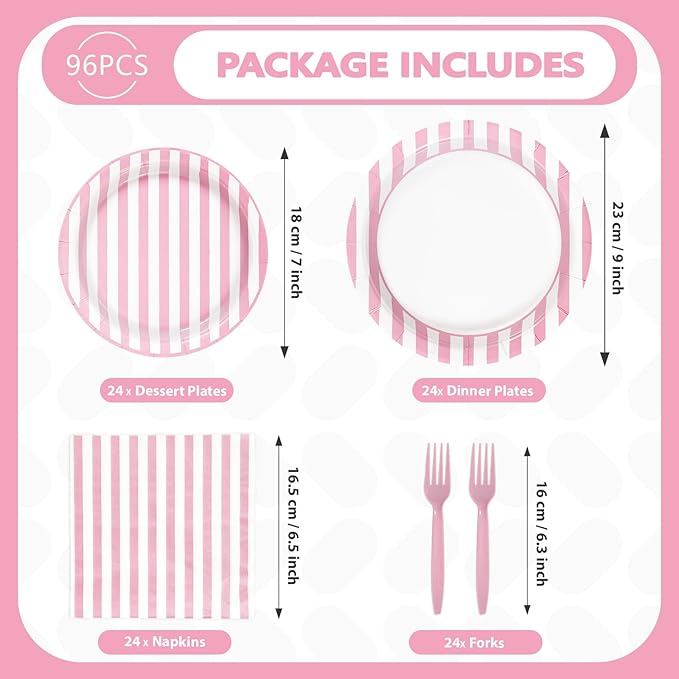 96Pcs Pink Striped Party Supplies Pink and White Stripe Plates and Napkins Disposable Pastel Striped Carnival Decoration Favors for Girls Birthday Wedding Bridal Baby Shower Summer BBQ Party Serves 24