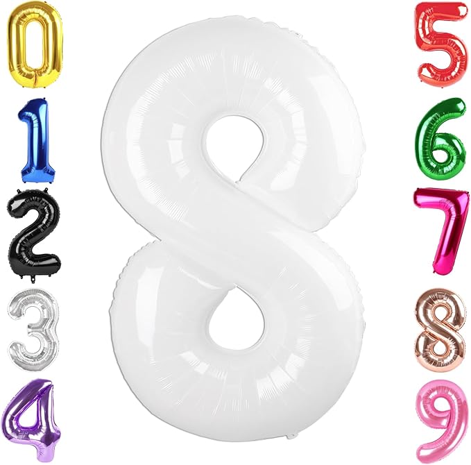 40 Inch White Number 8 Balloon, Giant 8 Number Balloons for 8th Birthday Decorations, Party Supplies for Baby Boy Girl, White Party Decor
