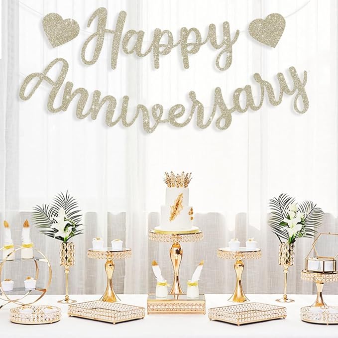 BEISHIDA Champagne Gold Happy Anniversary Banner, Pre-Strung - Glitter Happy Anniversary Banner,NO DIY - Glitter Garland Sign for Wedding Engagement Party Decorations & Decor