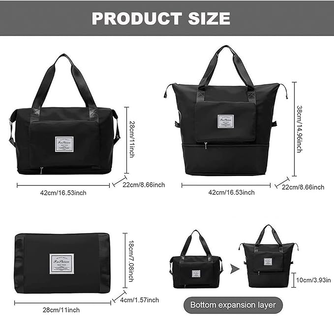Large Capacity Folding Travel Bag, Lightweight Waterproof Luggage Bag, Expandable Travel Duffel Bag, Dry Wet Separated Gym Tote Bag, Weekender Overnight Bag for Women and Man (Black)