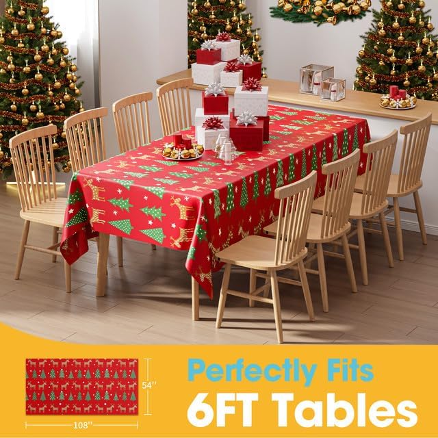 Christmas Red Plastic Table Cloth - 4 Pack 54" × 108" Rectangle Disposable Tablecloths for 6FT Tables, Table Cover for Party, Holiday & Gathering Use