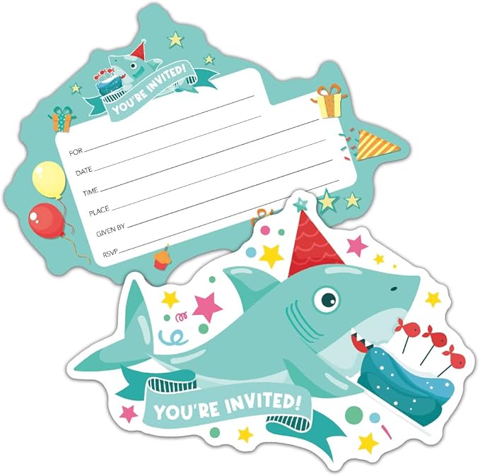 RZHV 15 Pack Blue Shark and Birthday Cake Shaped Fill-In Invitations Cards With Envelopes for Boys & Girls Adults, Funny Baby Shower Party Birthday Party Invite (Baby Shower)
