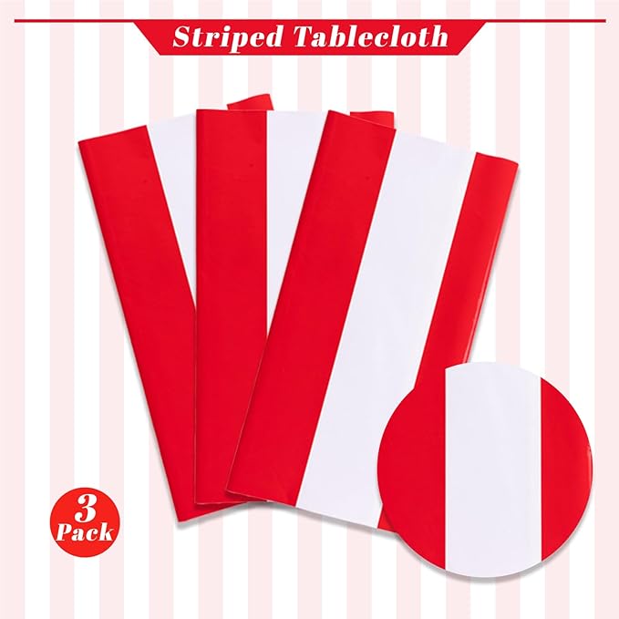 Kesfey 3 Packs Red and White Horizontal Striped Tablecloth 54 x 108 Inch Carnival Circus Theme Party Table Cloths Decorations Waterproof Rectangle Red Striped Tablecover for Picnic Plim Birthday Party