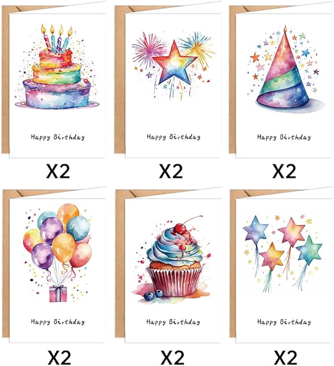 Birthday Cards Pack of 12,Birthday Cards Bulk for Women Men Kids Assorted Birthday Greeting Cards for Kids Assortment, 12 Card with Envelopes (Cartoon cake)