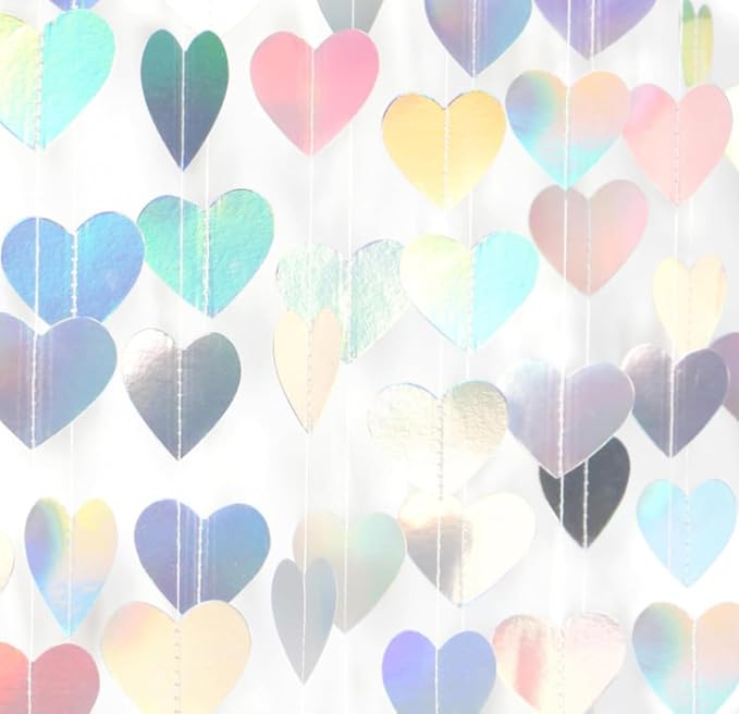 Iridescent Heart Garland Hanging Decorations, 52 Feet, Hanging Streamers Banner for Christmas Party, Wedding, Birthday Parties, Graduations Parties, Baby Showers, Valentines (Iridescent Heart)
