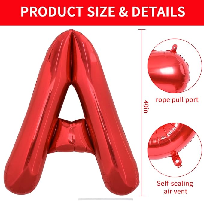 TONIFUL 40 Inch Large Bright Red Letter Balloons A-Z, Giant Jumbo Helium Foil Mylar Big Letter A Balloons for Birthday Party Anniversary Wedding Decorations