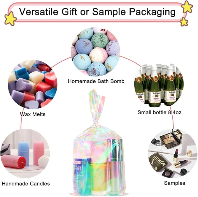 HRX Package 120pcs Iridescent Cellophane Treat Bags with Ties, 6x12 inch Holographic Plastic Goody Bags for Candy Party Favors Small Gifts