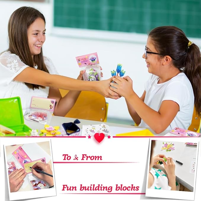 WODMAZ Valentines Day Cards with Plant Building Blocks, 24 Packs Succulents Flower Toys Valentines Day Gifts for Kids School Classroom Exchange, Valentine Party Favor, Valentine's Greeting Cards