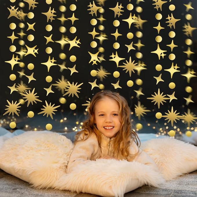 Glitter Star Garlands Decorations, 46Feet Star Paper Garland Banner, Circle Dot Star Hanging Streamers for Valentine's Day Wedding Birthday Anniversary Ramadan Graduation Party Supplies Decorations