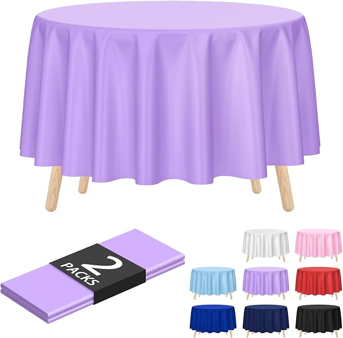 Kopokita 2 Pack Light Purple Round Disposable Plastic Tablecloths 84 inch Lavender Party Table Covers