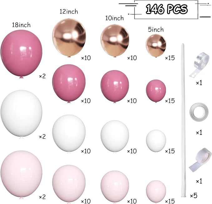 Dusty Hot Pink White Gold Balloon Garland Arch Kit, 146Pcs Retro Hot Pastel Pink Champagne Gold Sand White Latex Balloons Different Sizes for Wedding, Birthday, Graduation Party Decorations