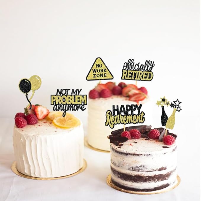 24 Pcs Happy Retirement Cupcake Toppers Officially Retired Cupcake Picks, No Work Zone Retirement Theme Cake Toppers Decorations for Farewell Party Cakes (Black&Gold Ⅱ)