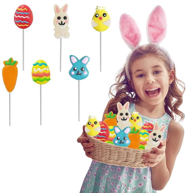 Fruidles Easter Variety Pack 12 Lollipops Suckers, Yellow Bunny Rabbit, Orange Carrot Designs Fat-Free, Individually Wrapped Easter Pops (12-Pack)