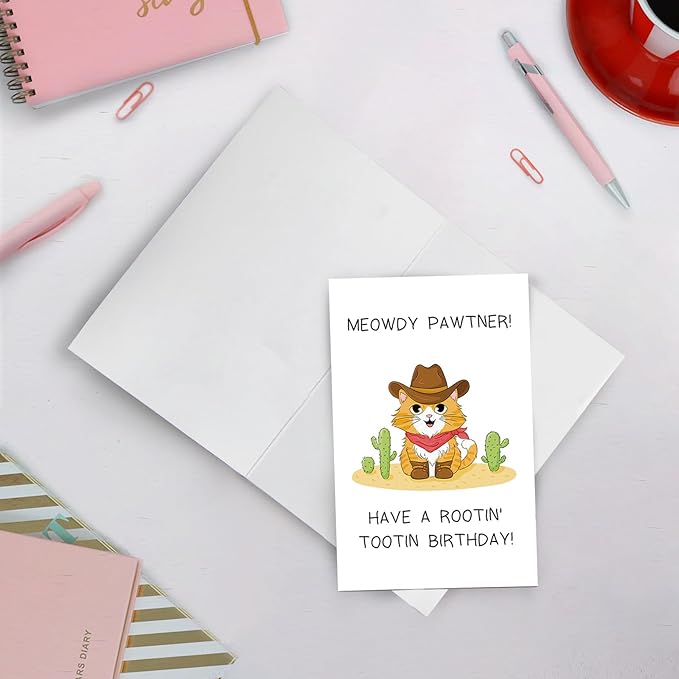 SuperShunhu Cowboy Cat Birthday Card, Funny Cat Birthday Card for Men Woman, Happy Birthday Card for Cat Lover, Cute Birthday Card for Boys Girls