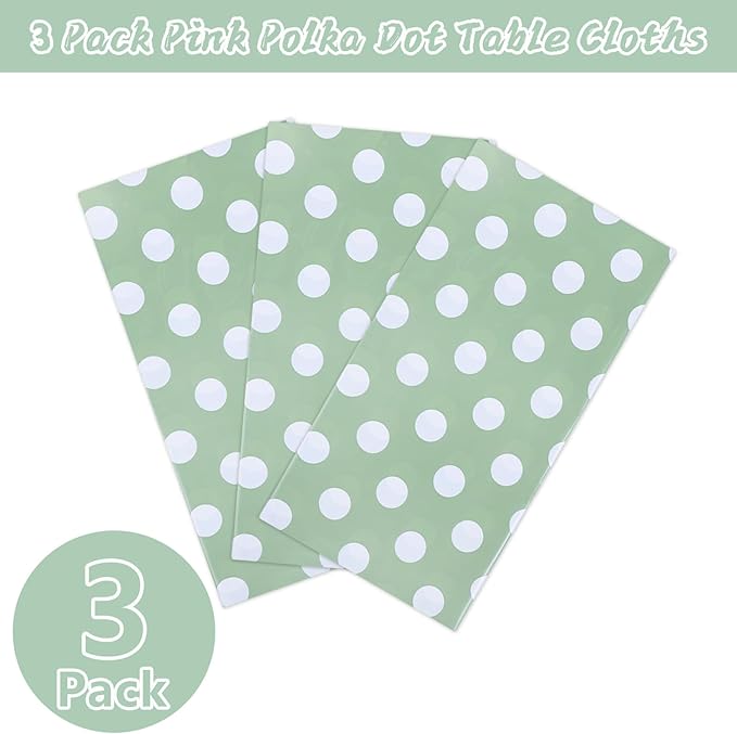 Kesfey 3 Pack Sage Green Polka Dot Table Cloths 54 x 108 Inch Sage Green and White Dots Tablecloth Disposable Plastic Sage Green Tablecover Waterproof Rectangle Picnic Table Covers for Birthday Party