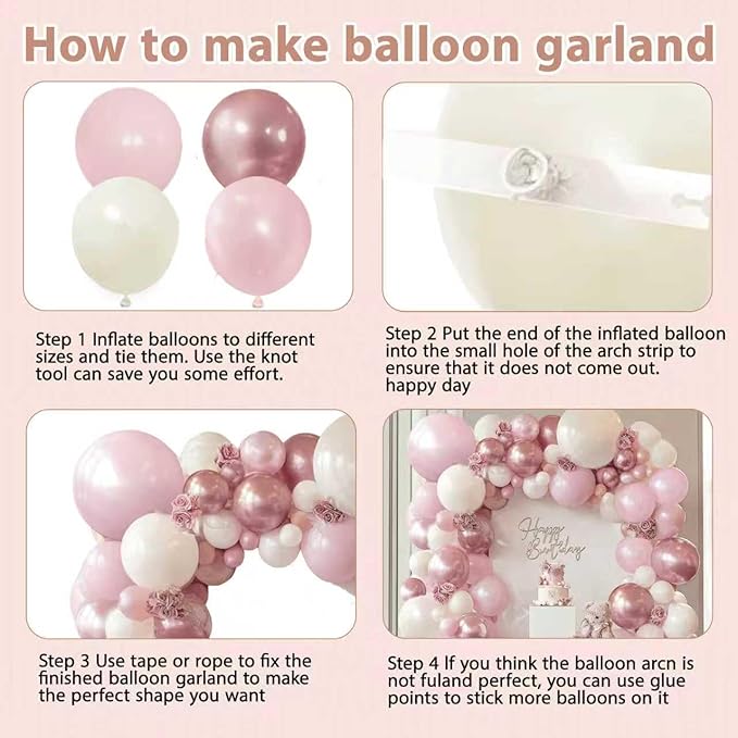 Pink and White Balloons Arch Kit,Double Stuffed Pearl Light Pink Metallic Pink Balloon Sand White Beige Ivory Balloons Garland Kit for Birthday Wedding Valentine's Day Bridal Shower Party Decoration