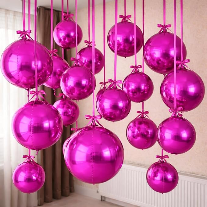 12PCS Hot Pink Round Foil Balloons, 22" 15" 10" Large 4D Ball Balloons Metallic Hot Pink Mirror Sphere Balloon for Valentines Galentines Day Wedding Women Birthday Party Ceiling Decorations