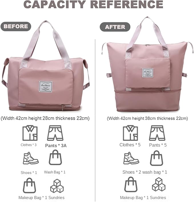 Large Capacity Folding Travel Bag, Lightweight Waterproof Luggage Bag, Expandable Travel Duffel Bag, Dry Wet Separated Gym Tote Bag, Weekender Overnight Bags for Women and Man (Pink)