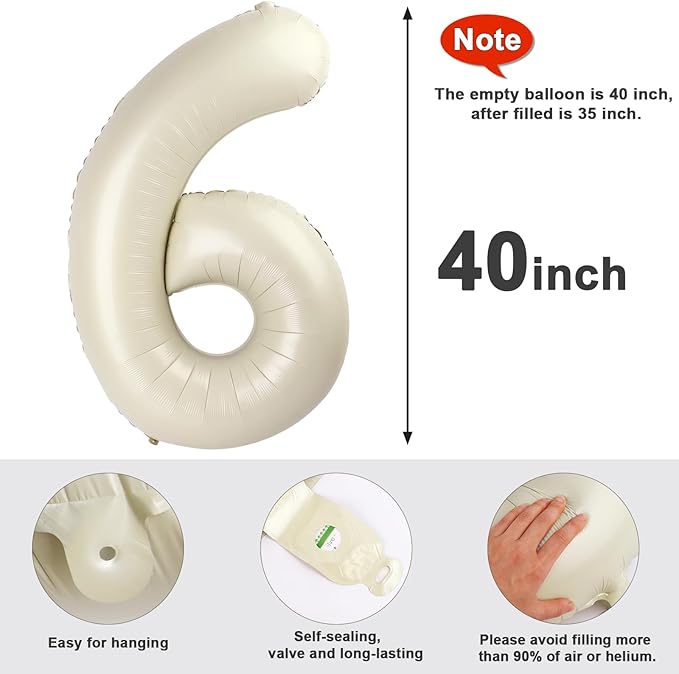 Number 6 Balloon 40 Inch, 6th Birthday Balloon for Boy Girl, Cream White 16 60 61 65 Numbers Balloons Birthday Party Wedding Events Decorations
