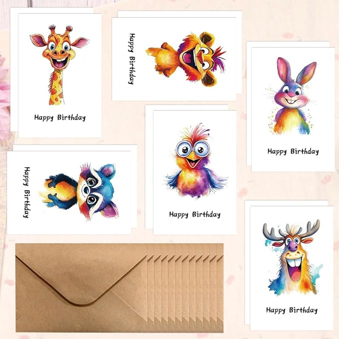 Birthday Cards Pack of 12,Birthday Cards Bulk for Women Men Kids Assorted Birthday Greeting Cards for Kids Assortment, 12 Card with Envelopes (Cartoon animals)