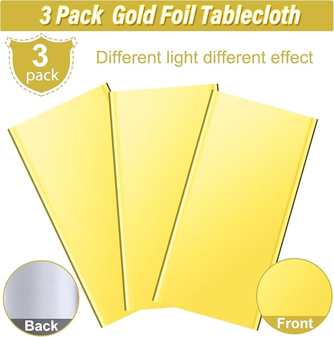 3 Pack Gold Plastic Tablecloth, Disposable Rectangle Table Covers, Holographic Metallic Foil Tablecloth Gold Party Supplies Decorations for Birthday Graduation Anniversary Bachelorette, 54x108Inch