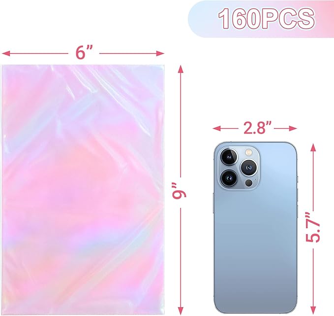 160Pcs Iridescent Cellophane Treat Bags with Ties, 6x9 Inch Holographic Plastic Goodie Baggies for Party Favors, Candy, Cookies Packing, Gift Wrapping