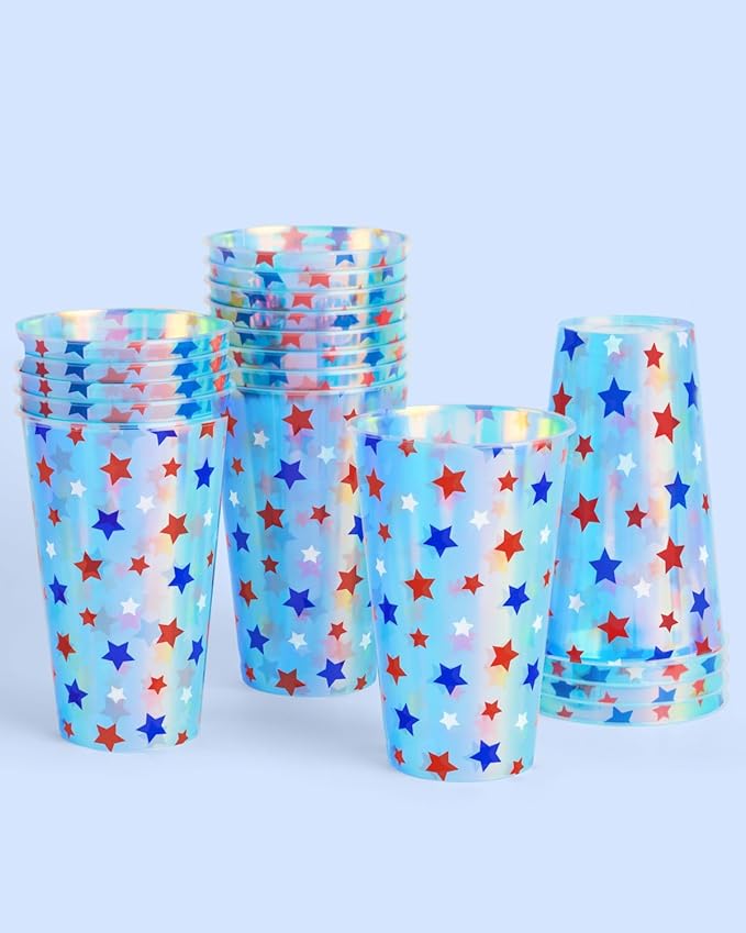 xo, Fetti Fourth of July Decorations Iridescent Plastic Cups - 16 Disposable 16 oz Cups | USA Party Favors, American Flag Party Supplies, 4th of July Decorations, Red White and Blue Decor