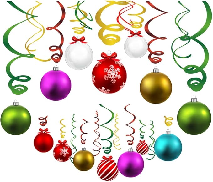CC HOME 15Pcs Christmas Ball Hanging Swirls Xmas Ball Ceiling Streamer Birthday Decorations Christmas Themed Party Favors for Holiday Baby Shower Home Decoration Party Supplies