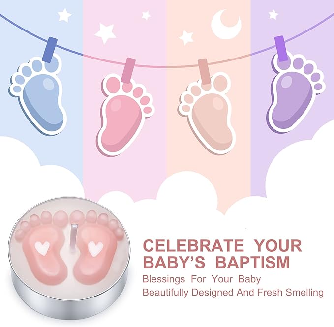 Treela 20 Sets Baby Shower Party Favors Pink Tea Lights Candles with Organza Bag for Guests Cute Feet Shaped Burning Thank You Tags Return Gifts Keepsakes for Baby Shower Gender Reveal Party