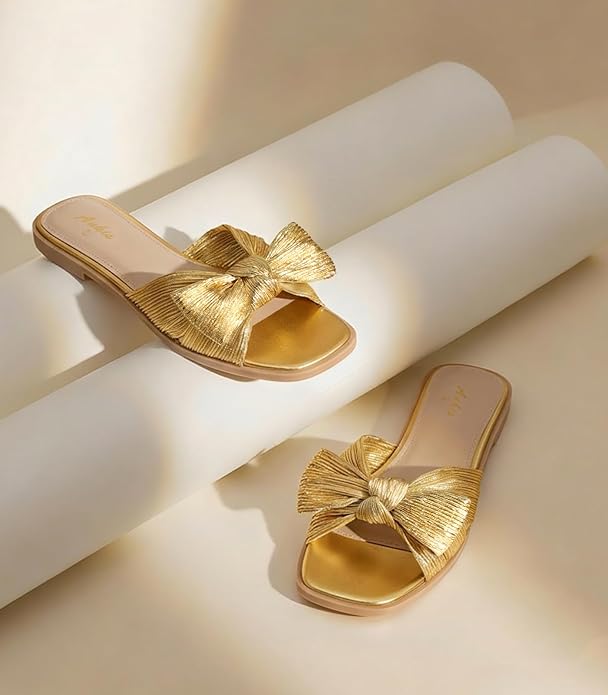 Ankis Womens Pleated Bow Flat Sandals White Gold Sandals for Women 2026 Dressy, Comfortable Open Toe Dress Sandals for Summer Beach Wedding Party Graduation Slip On Slides Sandals