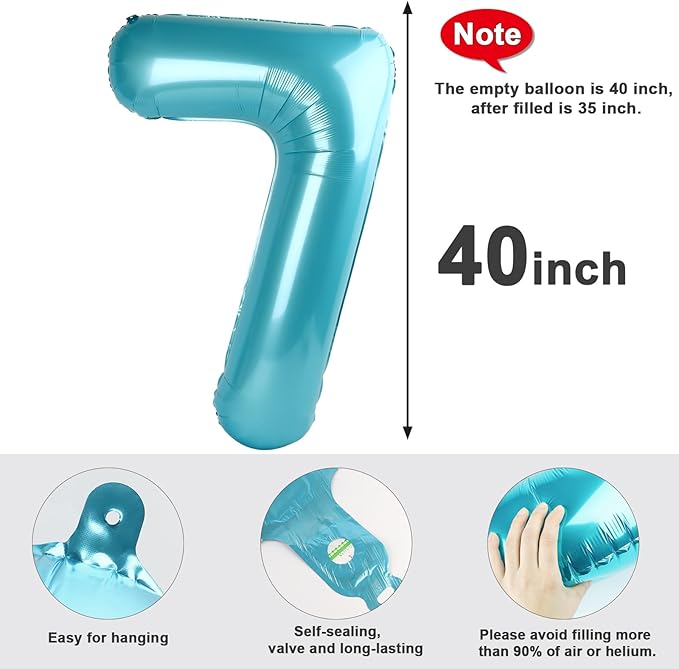 40 Inch Number 7 Balloon, Pearl Blue Seven Birthday Decor, 7 17 27 70 Year Old Balloon Number for Engagement, Wedding, Graduations