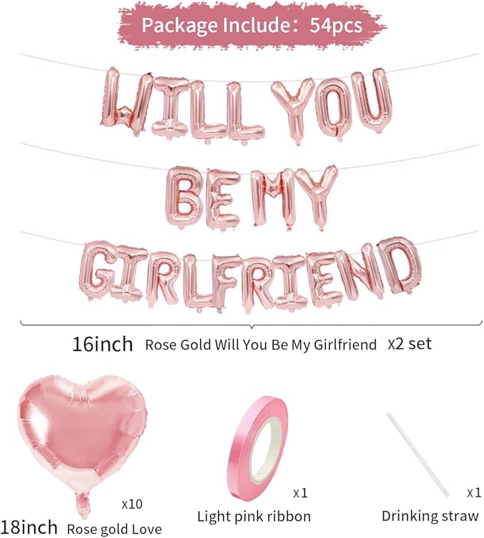 2 Set 16 Inch Rose Gold 'Will You Be My Girlfriend' Balloons Banner with 6 Heart Shaped Balloons for Romantic Decorations, Engagements, Anniversaries, Valentines Day Decor
