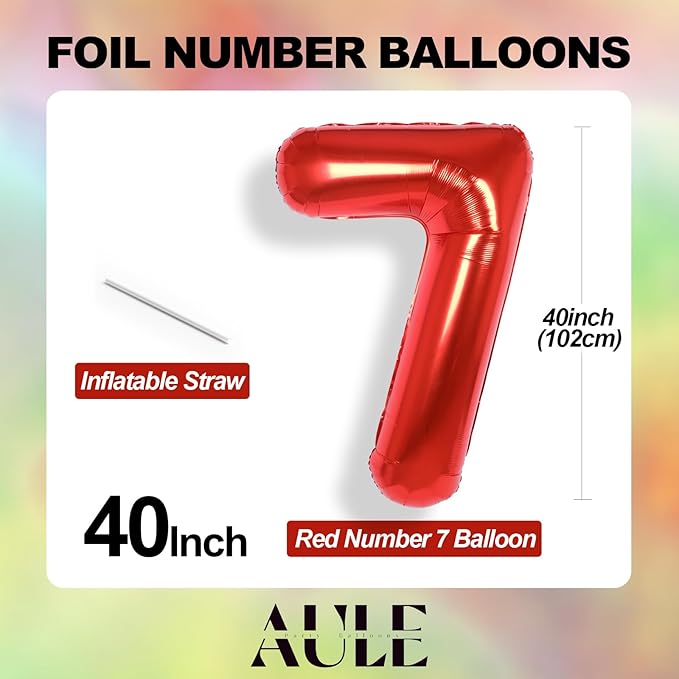 AULE 40 Inch Big Red 7 Balloon Number Large Foil Helium Number Balloons 0-9 Jumbo Giant Happy 7th Birthday Party Decorations for Boy or Girl Huge Mylar Anniversary Party Supplies