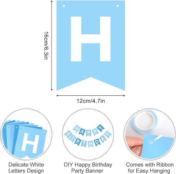 Happy Birthday Banner Sign, Birthday Garland Wall Door Hanging Banners Flag for Women Men Boys Girls Party Backdrop Decorations, Personalized Name Banner White Letters Light Blue