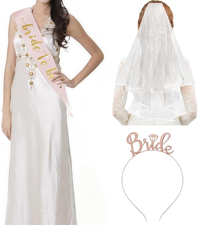 FOIMAS Bride To Be Veil Sash Set,Rose Gold Sash with Headband for Bridal Shower Bachelorette Party Wedding Engagement Party Accessories