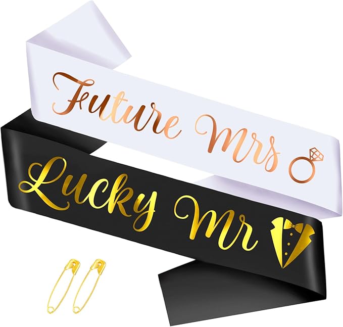 Future Mrs & Lucky Mr - Bride to Be & Groom to Be Sash Kit, Gold Glitter Bachelorette & Bachelor Sash for Wedding Bridal Shower Party Decorations Engagement Gifts (White and Black)