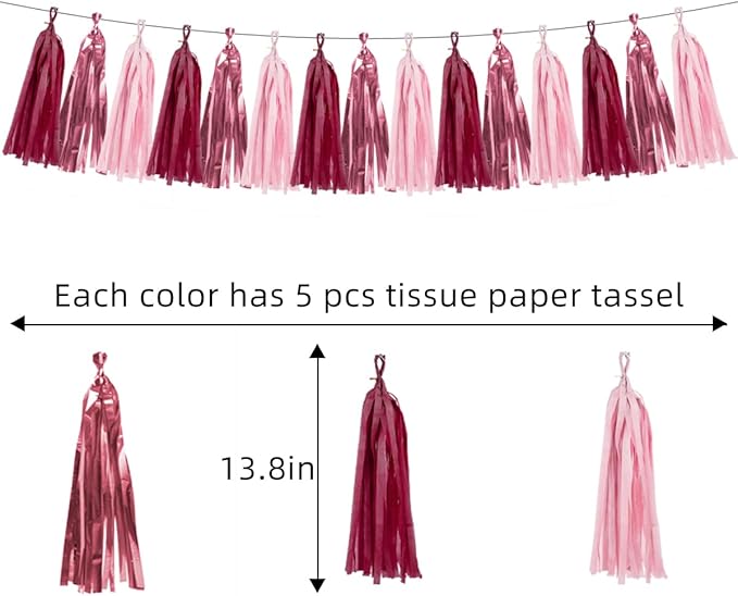 Rose-Gold Pink Burgundy Party Decorations - 15Pcs Tissue Paper Tassel Garland Birthday Decorations Valentines Day Decorations Baby Girl Shower Women Bridal Wedding Engagement Bachelorette HongTongTong