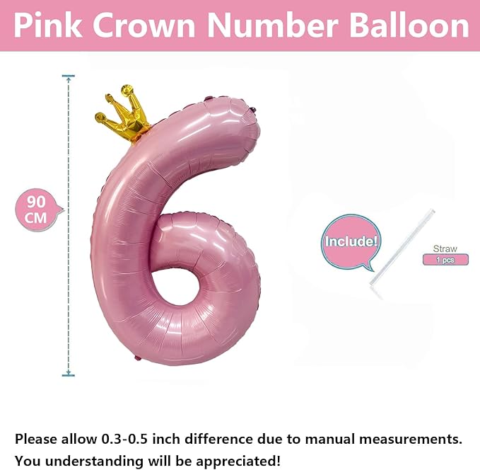 40 inch Pink Number 6 Balloon with Crown, Pink Crown Balloons 0-9 for 6th Birthday Party Anniversary Decorations Supplies