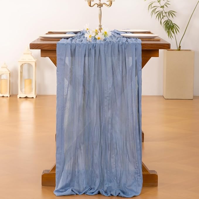 Socomi 6pcs Dusty Blue Easter Spring Cheesecloth Table Runner Boho Rustic Gauze 120 inch 10FT Cheese Cloth Runner for Wedding Party Baby Shower Birthday Home Decor Holiday Decorations