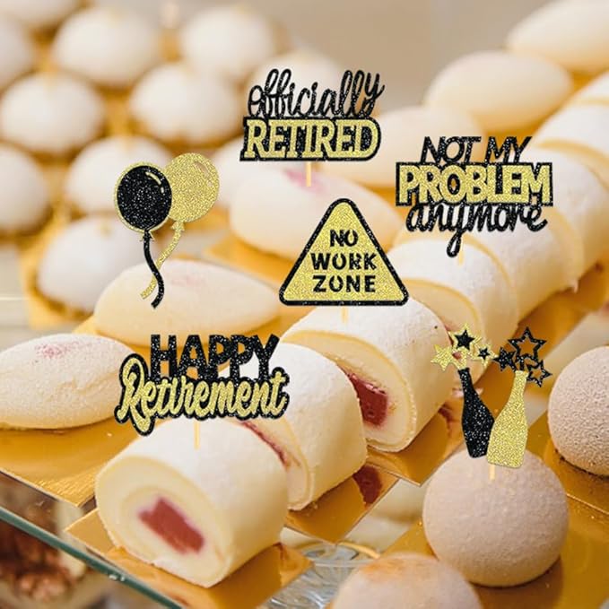 24 Pcs Happy Retirement Cupcake Toppers Officially Retired Cupcake Picks, No Work Zone Retirement Theme Cake Toppers Decorations for Farewell Party Cakes (Black&Gold Ⅱ)