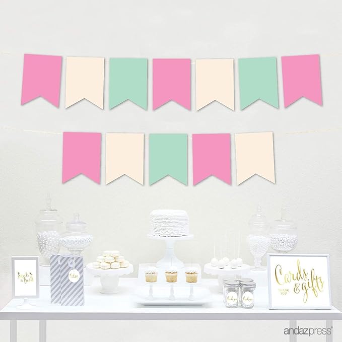 Andaz Press Hanging Pennant Banner with String, Pink, Ivory, Mint, 1-Set, 24 Pennants, Approx. 12-Feet Long