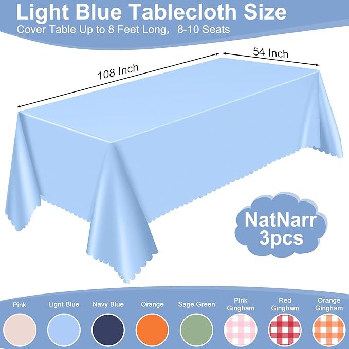 3 Pack Plastic Light Blue Tablecloth, 54 X 108Inch Disposable Baby Blue Scalloped Dessert Tablecoth for Rectangle Table Waterproof Spring Table Cover for BBQ Picnic Wedding Birthday Baby Shower Decor