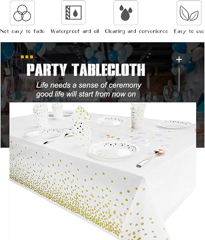 2 Pack White and Gold Tablecloth Disposable Gold Tables Tablecloths for Rectangle 54" x 108" Plastic Tablecloth Party Table Covers for Birthday Thanksgiving Christmas Wedding Outdoor BBQ (White)