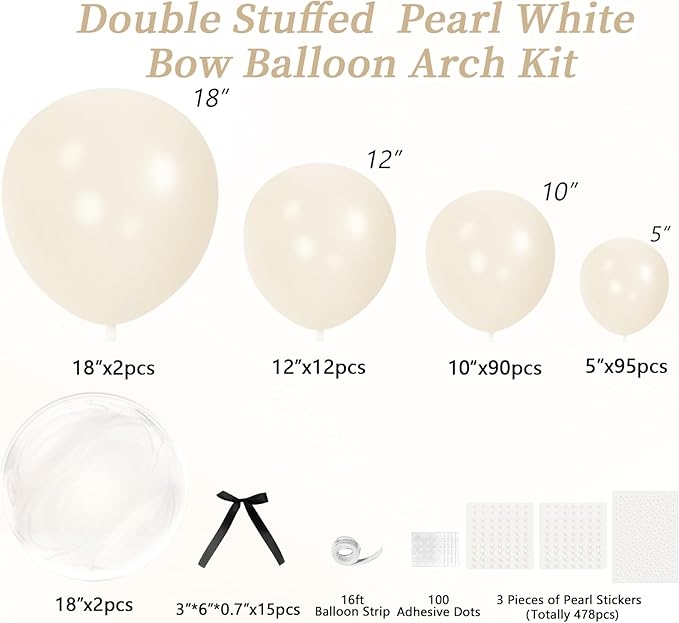 Double Stuffed Pearl Balloon Arch Kit,229Pcs Bow Balloon Arch Kit with Pearl Sticker Bubble Balloons Ribbon Bow for Coquette Bow Theme Birthday Baby Shower Wedding Bachelorette Bridal Shower Party