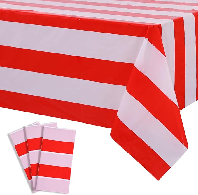Kesfey 3 Packs Red and White Vertical Striped Tablecloth 54 x 108 Inch Circus Carnival Theme Party Table Cloths Decorations Waterproof Red Striped Picnic Table Cover for Patriotic Birthday Party