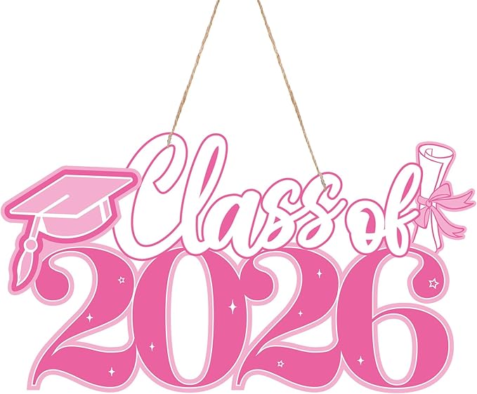 2026 Graduation Signs Decorations, 7 Pcs Class for 2026 Wooden Sign Graduation Party Photo Booth Prop, Wood Cutout High School College Graduation Ceremony Decor Supplies (Pink & White)