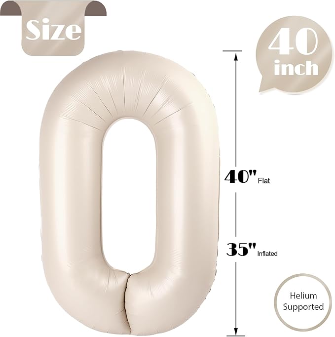 Cream Number 0 Balloon 40 Inch, 0 Balloon Number for 10th 20th 30th 40th 50th 60th Birthday Decorations, Cream Party Supplies
