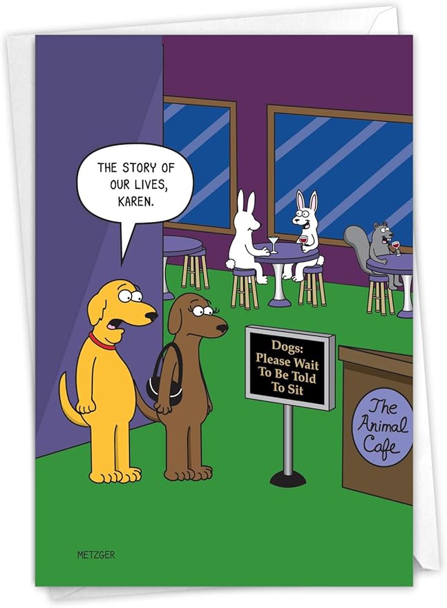 NobleWorks - 1 Funny Animal Card for Birthdays - Pet Cat and Dog Humor, Birthday Notecard with Envelope - The Animal Cafe C6384BDG