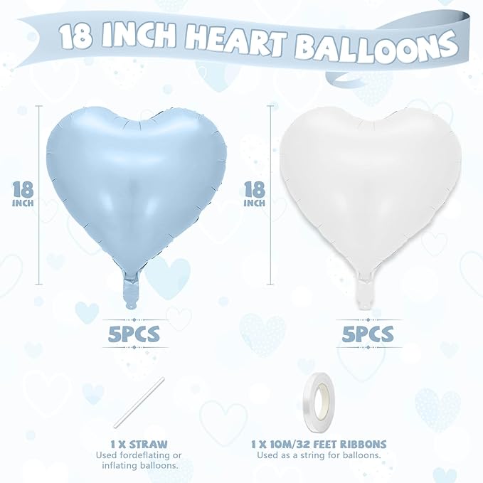 Baby Blue Heart Balloons, 10 Pcs Pastel Light Blue and White Heart Shaped Balloon, 18 Inch Cream Sand White Foil Balloons for Boys Men Brithday Bridal Baby Shower Wedding Valentines Party Decoration
